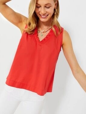 Tuckernuck Pomander Place Veronica Red Top M Ruffle Neckline Sleeveless V-Neck
